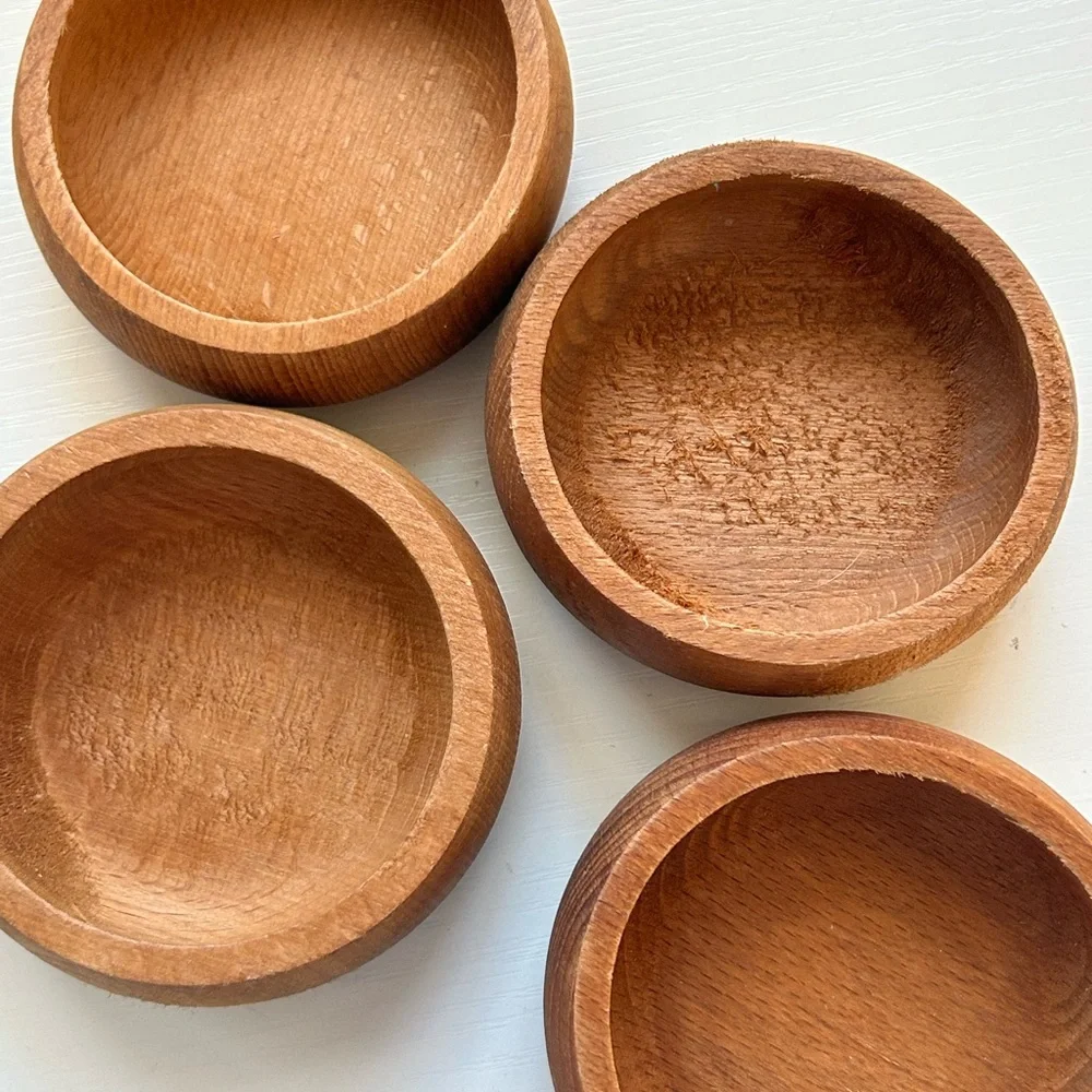 Lot Of 4 Wooden‎ Carved Pinch Salt Bowls MCM Boho Natural